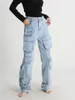 Jeans da donna Street Pantaloni con pannelli in denim per l'industria pesante personalizzati Abbigliamento Primavera Autunno Tasca grande con cerniera lavato vecchio