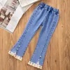 Byxor Baby Girls Jeans Casual Kids Cherry Lace Bell Bottoms Cowboy Pants Autumn Children Clothing 231007