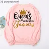 Dames Hoodies Sweatshirts Verjaardagscadeau Roze Dameskleding Golden Crown Queen Zijn geboren in januari tot december Grafische print Sweatshirt Femme 2310091NJI