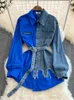 Kvinnors blusar Topp kvinnor Höst mode koreansk midjeband oregelbunden skjorta jacka denim vintage montage kläder elegant ungdomskvinna