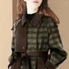 Женские куртки, элегантное шерстяное пальто в клетку в стиле ретро для женщин, офисное женское пальто с лацканами и длинными рукавами, зеленое лоскутное двустороннее талии