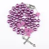 Pendentif Colliers Violet Imitation Perle Rose Catholique Rosaire Collier Croix Vierge Religieux1871