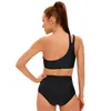 Mulheres de banho preto malha emendado maiô feminino 2023 cintura alta 2 peças biquíni único ombro maiô verão sem costas praia