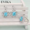 Necklace Earrings Set EYIKA Silver Color Zircon Wedding For Women Vintage Square Aquamarine Stone Flower Rings Pendant