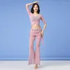 Stage Wear Belly Dance Costume Exercise Clothes Sexy Mesh Clothing Women's Half Sleeve Top Pants Set Fan Beginner Bellydancer Summer