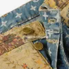Jaqueta masculina de grife impressa em tecido jacquard calça jeans de manga comprida pudim de danos florais lavado com água jaqueta de algodão jeans processo de emenda e colagem
