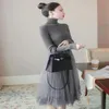 Sıradan Elbise Belvek Kazak Elbise 2021 Sonbahar Kış Örgü Kadınlar Seksi Tül Mesel Patchwork Uzun Kollu Siyah Gri Örme235J
