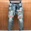 FALECTION MENS 21fw Jeans de haute qualité Jean de motard en détresse Jean Skinny Slim Ripped Hole Stripe À la mode PURPLE RABBITS 246v