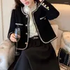 女性用ジャケットブラックツイードショートジャケット女性ビンテージ韓国ファッショントップラグジュアリーゴールドボタンシックなクロップコートエレガントなアウトウェアレディース
