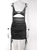 Casual Dresses Temuscola V Neck Pleated Sparkly Dress Women Spaghetti Strap Backless Bodycon Drawstring Sexy Mini Party för sommaren 2023