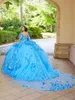 Blue Long Sleeve Quinceanera 2024 Ball Gown Lace Appliques Pärled Sweet 16 Dress Vestidos de 15 Anos 326 326