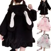 Jaquetas femininas estilo japonês outono inverno mulheres jaqueta quente kawaii macio lambswool babados orelhas com capuz casacos meninas doce parkas