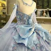 Céu azul querida brilhante quinceanera vestidos doce princesa applique renda flor de manga comprida vestido de baile vestidos de festa de aniversário de 15