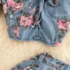 Camisetas para mujer Mujeres 2 piezas Set Denim Moda Femenina Flor Impresión Chic Sexy Sling Crop Top Cintura Alta Irregular Split Falda Verano Lady