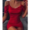 Sexy Frauen Weg Schulter Rüschen, Figurbetontes Kleid Frauen Kurzarm Rot Mini Kleid Weibliche Sommer Nachtclub Party Vestidos 210324250O