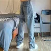 Jeans para hombres Y2K Streetwear Vintage Bordado Low Rise Baggy Botón de bolsillo Grunge Denim Pantalones Azul para hombres Mujeres Plus Tamaño C313V