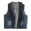 Women's Vests Autumn Vintage Denim Vest Coats Hooded Woman Pockets Spliced Bleached Loose Sleeveless Casual Tops Wild
