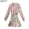 Zevity Women Elegant Pink Flower Print Breasted Shirtdress Female Long Sleeve Bow Sashes Vestido Chic A Line Mini Dresses DS8173 2258y