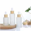 Packing Bottles Wholesale Frosted Essential Oil Glass Bottle Cosmetic Flat Shoder Dropper Bottles Container With Imitated Bamboo Cap 2 Dhjlf