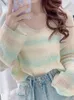 Frauen Pullover Sexy V-ausschnitt Mohair Farbe Gestreiften Faul Wind Dünne Strickwaren 2023 Sommer Mode Gradienten Lose Übergroßen Pullover