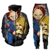 2021 Nuova moda Uomo Donna Film horror Chucky cerniera felpa con cappuccio e pantaloni in due pezzi divertente 3D tute stampate complessive PJ05246B