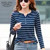 Women's Blouses Shirts Cotton T Shirt Women Long Sleeve Striped T Shirt Fashion 2023 Spring Autumn Female Clothes Top Tee Lady V neck Tops 7215 231009