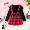 Clothing Sets 4-7T Kids Baby Girls 2 Piece Clothes Set Black Long Sleeve Ribbed Tops Plaid Suspender Skirt Toddler Fall Spring Xmas Outfits