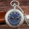Taschenuhren Luxus Silber Automatische mechanische Uhr für Männer Mode blaue römische Zahlen Zifferblatt Anhänger Uhr Selbstaufzug