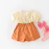 Kleidung Sets 2023 Sommer Kinder Set Blume Stickerei Kurzarm Tops Shorts Zwei Stück Outfit Mode Mädchen Kleidung Anzug