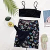 Kvinnors badkläder High Cut Female Drawstring Bathing Sy Sexig fjäril Tryck Bikini 2023 Bandeau Swimsuit Women kjolar 3 -stycken Set