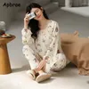 Pigiameria da donna Apbrae Crepe di cotone Pigiama da donna Primavera Autunno O-Collo Pigiama da ragazza Coreano Kawaii Maniche lunghe Lady Home Suit