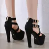 Zapatos de vestir Tacones de plataforma Bloque grueso Bomba de tacón alto para mujer 2023 Sandalias de gladiador negro Doble hebilla Peep Toe Fiesta