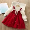 Meisjesjurken Modieuze meisjesjurk Koreaanse versie Schattig Rood Eerstejaarsjurk Kerstfeestkleding 2-8 jaar Oud Herfstkleding 231010