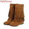 Boots Brand New Quality Winter Fashion Women Med Calf Wedge Fringe Boots Black Gray Beige Lady Tassel Shoes AH123 Plus Big size 32 43 Q231010