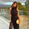 Saias Preto Tassel Slit Midi Saia Mulheres Chic Lady Elegante Linho Texturizado Roupas Femininas 2023 Verão