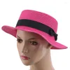 Berretti Cappello di paglia da donna Cappelli da sole da viaggio estivi Berretto da spiaggia casual da donna Visiera con fiocco a tesa piatta per vacanze alla moda