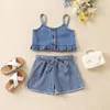 Giyim Setleri Pudcoco Kids Bebek Kız Şort Seti Denim Fırlatılmış Camisole ile Bağlantı Yaz 2 Parçalı Kıyafet 2-7T