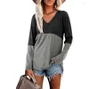 Kvinnors T-skjortor Spring och Autumn Clothing 2023 Kontrastfärgskärning V-ringning Långärmad Loose Woman Top Casual Commuter T-shirt