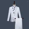 Abiti da uomo Blazer Abito tunica cinese Stile retrò Bianco con strass blu Giacca Pantaloni dritti Set 2 pezzi Stand Col286H