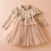 Mädchen Kleider Koreanischen Stil Frühling Herbst Kinder Mädchen Party Kleid Lange Ärmel Spitze Mesh Patchwork Bogen Prinzessin Kleider Führen Kleidung H9651 231010