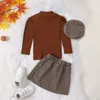 Clothing Sets Vintage Autumn Children Girls Ribbed Turtleneck Long Sleeve T-shirts Plaid Print Button Mini Skirts Hats Outfits