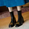 Botas 2023 Chunky Heel Booties Inverno para Mulheres Square Toe Mulheres Alta Retro Sólida Metal Fivela Bota Tornozelo