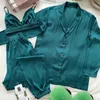 Женская одежда для сна, свободная ночная рубашка, зеленая пижама с длинными рукавами, женский бюстгальтер, повседневные брючные костюмы, весенние комплекты из 3 предметов, пижамы XXL 231010