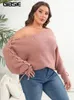 Women's Knits Tees GIBSIE Plus Size Women Sweater Autumn Winter Diagonal Collar Beading Lace Up Batwing Sleeve Pink Black Knitted Pullovers 231009