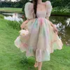 Vestidos casuales verano dulce arco iris princesa vestido mujeres coreano elegante cuadrado cuello puff manga midi femenino chic gasa fiesta303e