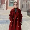 Женская шерстяная мода Элегантное черное шерстяное пальто Осень и зима Свободное двубортное темперамент Хепберн Длинное красное пальто 231010
