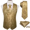 Men s Vests 4PC Mens Silk Vest Party Wedding Gold Paisley Solid Floral Waistcoat Pocket Square Tie Suit Set Barry Wang BM 231009