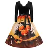 Theme Costume Retro Disfraz Halloween Cosplay Party Dresses Women 2023 Print V-Neck Long Sleeve Black Witch Scary Costume Nightmare Pinup Robe x1010