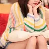 Women's Sweaters Rainbow Embroidery Scissors Striped Women Knitted Sweater Hollow Niche Design Women's Loose Casual Pullovers Knitwear Tops 231005