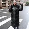 レディーストレンチコートファーカラーXロング冬用ジャケット女性ソリッドフード付き韓国スタイルのパーカス女性と光沢のある濃厚な厚いアウトウェア
